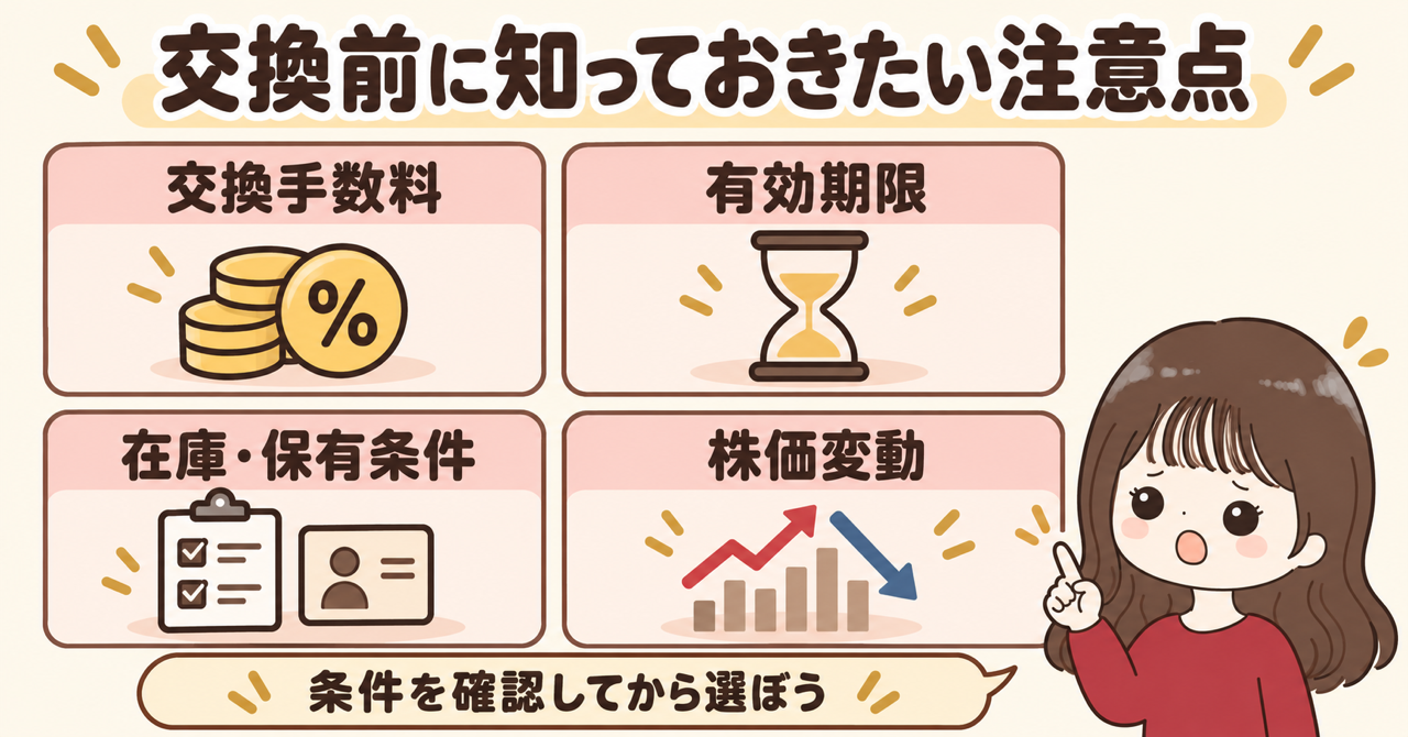 交換手数料、有効期限、在庫・保有条件、株価変動の4つの注意点をまとめた図解。