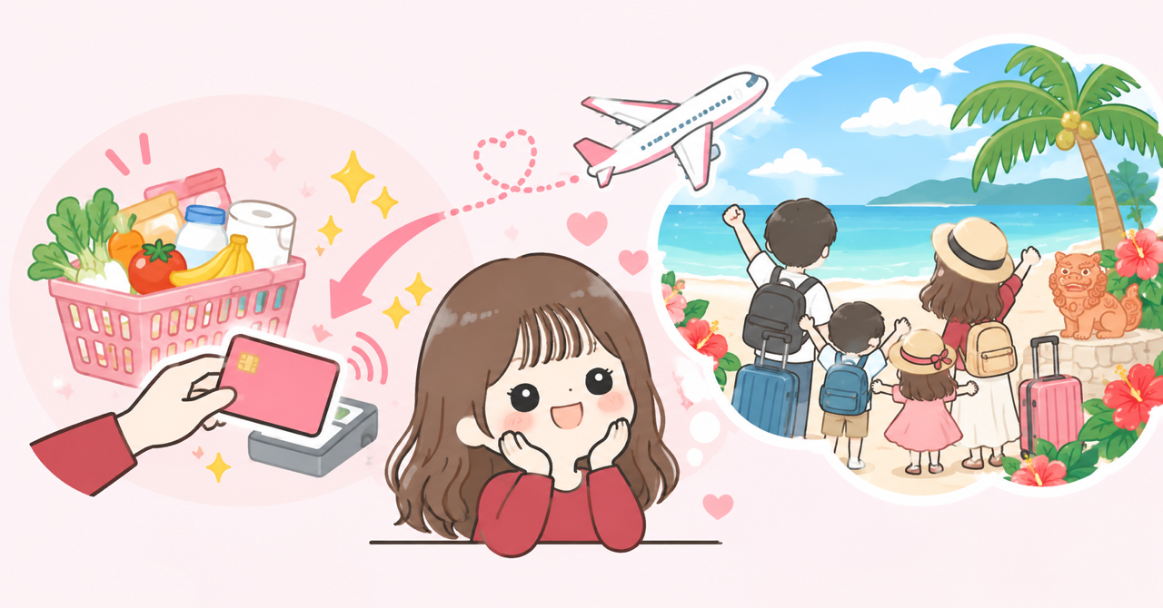 普段の買い物が家族4人の沖縄旅行につながるイメージ