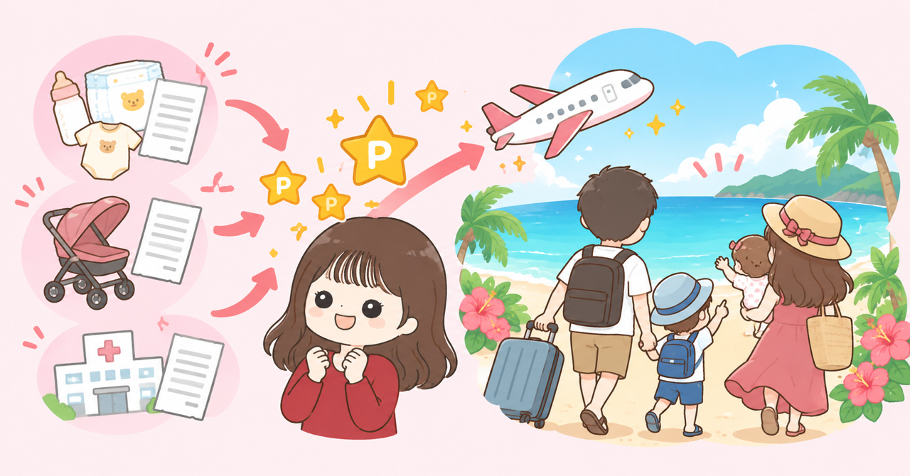 出産の支払いで貯めたポイントを家族4人の沖縄旅行へ活用するイメージ