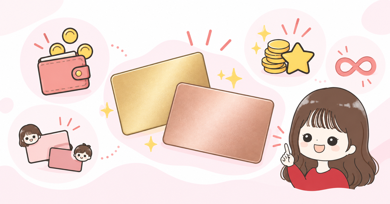ゴールドとローズゴールドのカードと基本情報のイメージ